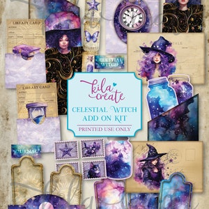 May include: A printable digital kit with a celestial witch theme. The kit includes images of a witch, stars, moons, jars, and other celestial elements. The kit is perfect for scrapbooking, card making, and other crafting projects.