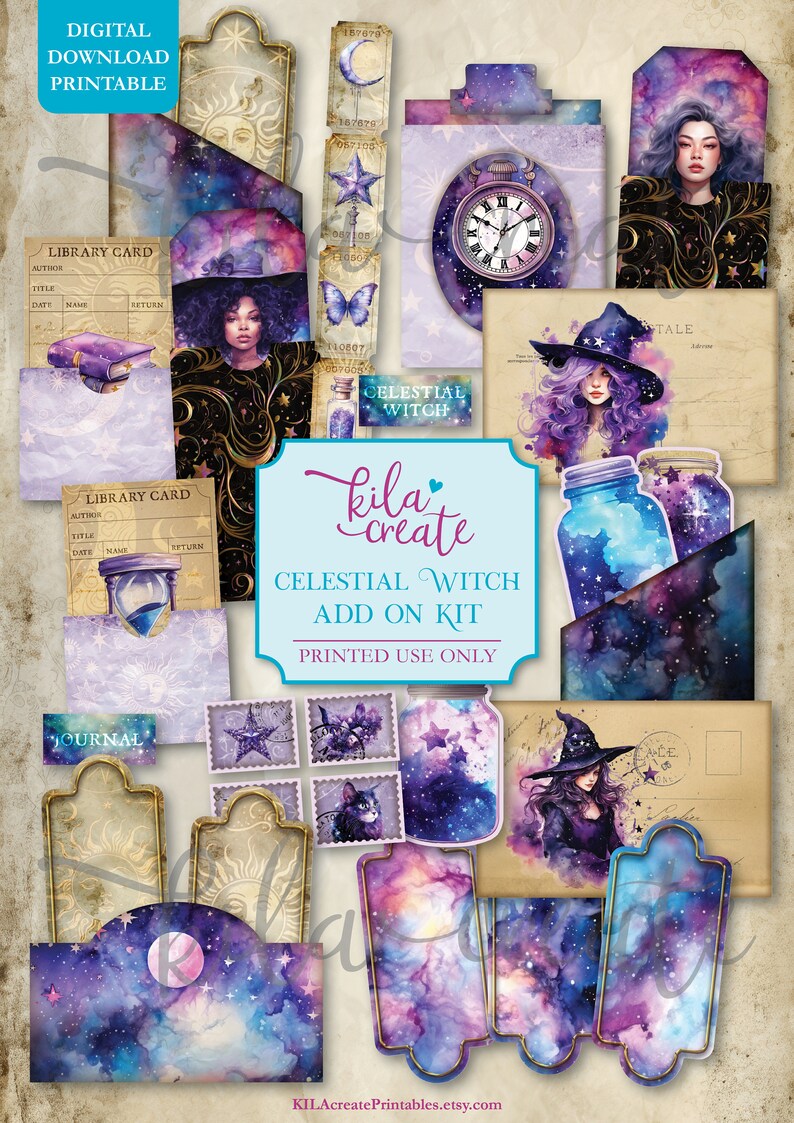 May include: A printable digital kit with a celestial witch theme. The kit includes images of a witch, stars, moons, jars, and other celestial elements. The kit is perfect for scrapbooking, card making, and other crafting projects.