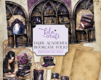 Op de afbeelding: Printbare digitale collage-kit met een donker academisch thema. De kit bevat een boekenkast, een kaars, een typemachine, een kroonluchter, een stapel boeken en een vrouw die een boek leest. De tekst "Kila Create Dark Academia Bookcase Folio Printed Use Only" is in de afbeelding opgenomen.