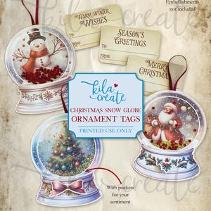 Christmas Snow Globe Ornament Tags, Christmas Ephemera, Christmas Gift Giving, Digital Download, Printable Journal Ephemera, KILA Create