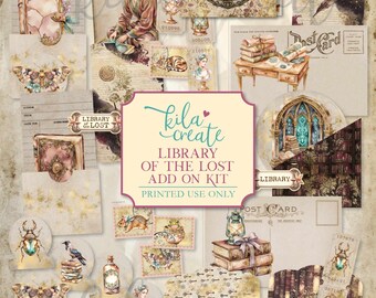 May include: A digital printable kit with a vintage library theme. The kit includes various ephemera such as postcards, tags, and illustrations of books, insects, and portraits. The color palette is primarily beige, brown, and gold, with accents of blue and pink.