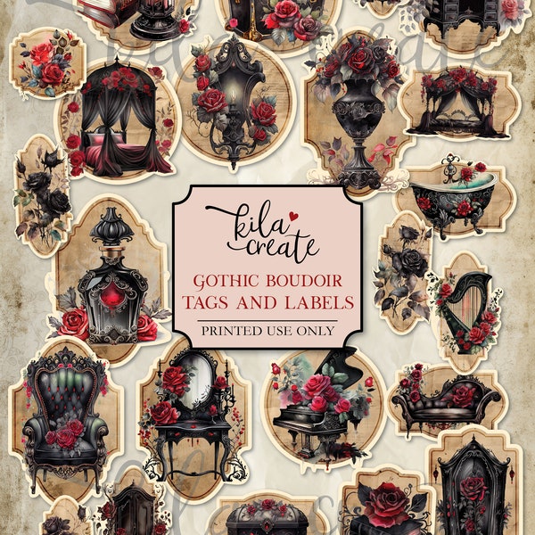 Gothic Boudoir Fussy Cut Tags and Labels, Gothic Junk Journal, Digital Download, Printable Journal Ephemera, KILA Create