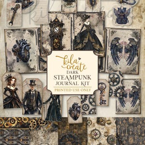 Könnte beinhalten: Digitales Dark Steampunk Journal-Kit mit Vintage-Illustrationen von Zahnrädern, Uhren und viktorianischen Figuren. Das Kit enthält Tags, Karten und gemusterte Papiere in Braun, Gold und Schwarz.
