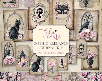 May include: A digital printable journal kit with a gothic elegance theme. The kit includes images of black cats, roses, skulls, crows, and other gothic elements. The text "Gothic Elegance Journal Kit" and "Printed Use Only" is included in the image.