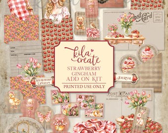 Strawberry Gingham Add On Kit, Strawberries, Spring Ephemera, Flowers, Springtime, Digital Download, Printable Journal Kit, KILA Create
