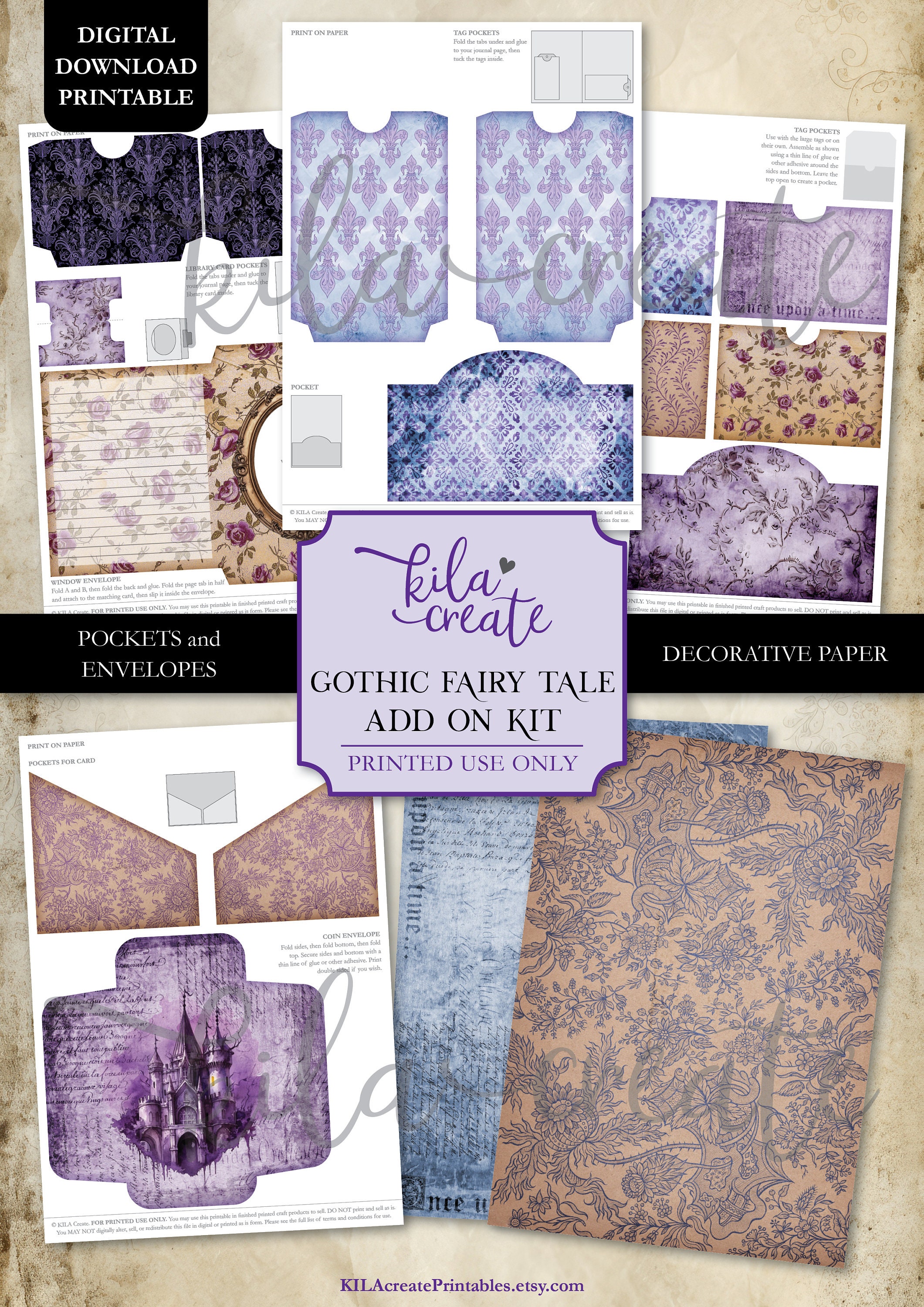 Gothic Fairy Tale Add on Journal Kit, Purple Gothic Junk Journal Kit ...