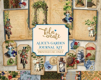 May include: Alice's Garden Journal Kit, a digital download printable kit featuring whimsical illustrations of Alice in Wonderland characters, teacups, flowers, and more.  The kit includes a variety of tags, papers, and embellishments for scrapbooking, journaling, and crafting.