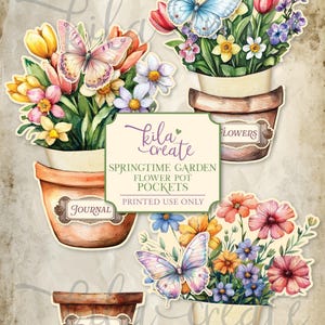 Springtime Garden Flower Pot Pockets, Spring, Flowers, Garden, Gardening, Four Seasons, Digital Download, Printable Journal Kit, KILA Create