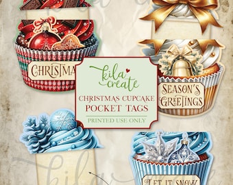 Christmas Cupcake Pocket Tags with Hidden Journal Cards, Christmas Junk Journal Kit, Digital Download, Printable Journal Kit, KILA Create