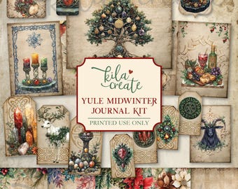 May include: A digital printable journal kit with a Yule Midwinter theme. The kit includes images of a tree, candles, a goat, crystals, and other winter solstice imagery. The kit is for printed use only.