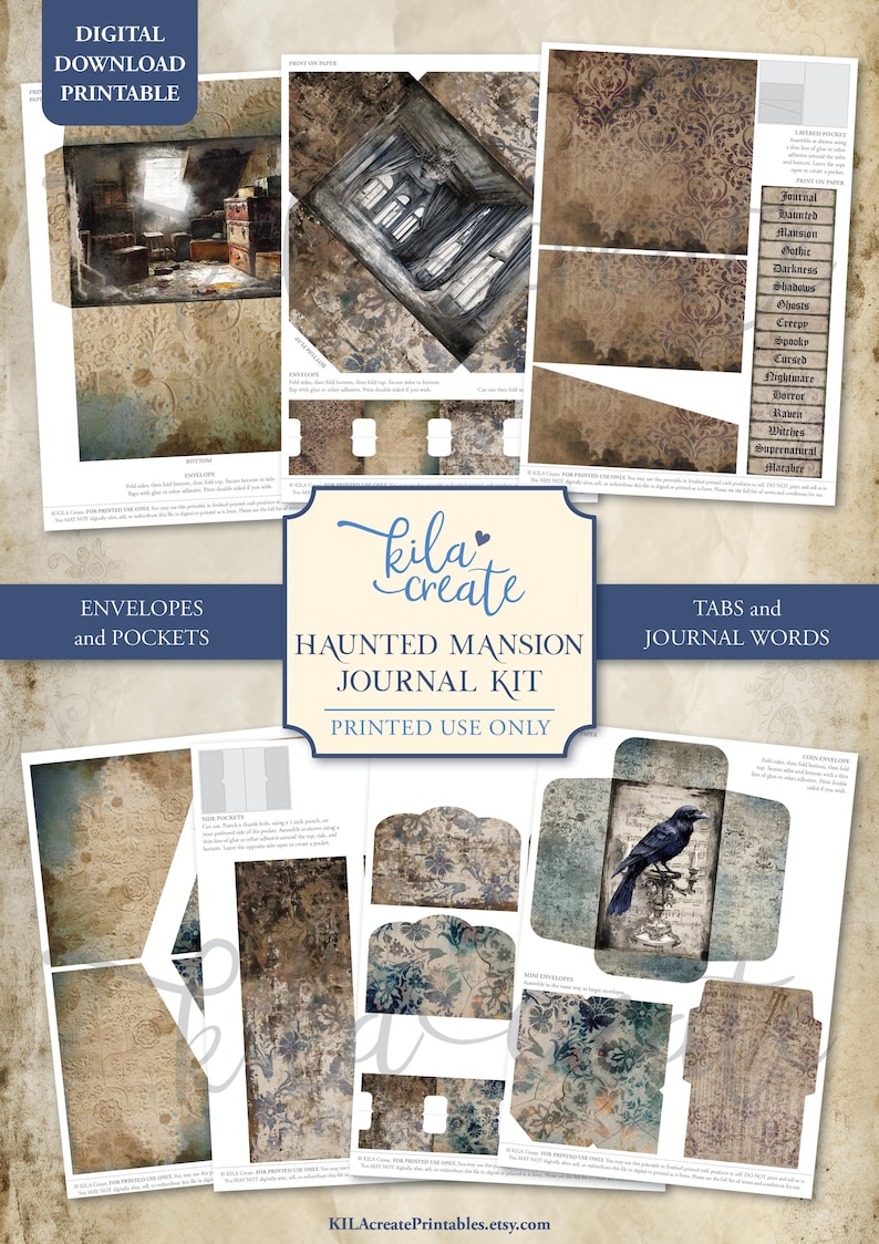 May include: Digital download printable journal kit with a haunted mansion theme. Includes envelopes, pockets, tabs, and journal words. The kit features a vintage aesthetic with illustrations and text such as "Haunted", "Mansion", and "Raven".