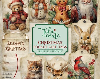 Christmas Pocket Gift Tags, Christmas Ephemera, Christmas Gift Giving, Festive Digital Download, Printable Journal Ephemera, KILA Create