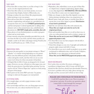 May include: A pink and white printable design sheet with the text "TERMS OF USE and COPYRIGHT NOTICE" and "FOR PRINTED USE ONLY. NO DIGITAL USE ALLOWED."  The sheet includes a list of what is allowed and not allowed when using the printable files.