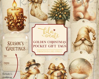 Golden Christmas Pocket Gift Tags, Christmas Ephemera, Christmas Gift Giving, Festive Digital Download, Printable Ephemera, KILA Create