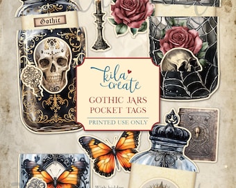 Gothic Jars Pocket Tags with Hidden Journal Cards, Halloween Printable, Skulls, Spooky, Digital Download, Printable Journal Kit, KILA Create
