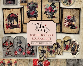 May include: A digital printable journal kit with a gothic boudoir theme. The kit includes images of a piano, a chair, a lamp, a bottle, a harp, a cat, a book, a lantern, and roses. The kit also includes four patterned papers with roses, music notes, and spiderwebs.