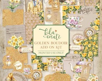 Golden Boudoir Add On Kit, Romance, Victorian, Regency, Flowers, Roses, Yellow, Gold, Digital Download, Printable Journal Kit, KILA Create