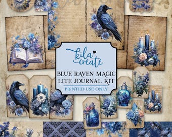 May include: Blue Raven Magic Lite Journal Kit digital printable kit with images of ravens, candles, flowers, and potion bottles. The kit includes a variety of tags, papers, and embellishments. Printed use only.