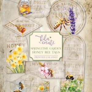 Springtime Garden Honey Bee Tags, Spring, Flowers, Garden, Gardening, Four Seasons, Digital Download, Printable Journal Kit, KILA Create