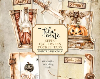 Sepia Halloween Pocket Tags, Vintage Halloween Ephemera, Gothic, Ghosts, Witches, Digital Download, Printable Junk Journal Kit, KILA Create