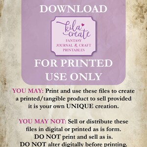May include: Digital download listing with text: "This listing is a digital download." The image features a logo that says "kila create" with the words "Fantasy Journal & Craft Printables." The text also says "For printed use only."