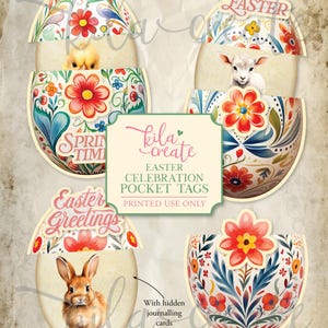 Easter Celebration Pocket Tags with Hidden Journal Cards, Easter Eggs Bunny Springtime, Digital Download, Printable Journal Kit, KILA Create
