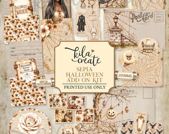 Sepia Halloween Add On Kit, Vintage Halloween Journal Kit, Gothic, Ghosts, Witches, Digital Download, Printable Journal Kit, KILA Create