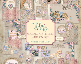 Nostalgic Stitches Add On Kit, Sewing Ephemera, Quilting, Knitting, Crochet, Fabric, Digital Download, Printable Journal Kit, KILA Create