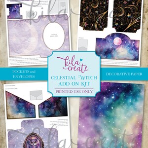 May include: Printable celestial witch add-on kit with decorative paper, pockets, and envelopes. The kit features a watercolor design with a moon, stars, and a galaxy background. The text "Celestial Witch Add On Kit" is printed in a white font on a purple background.
