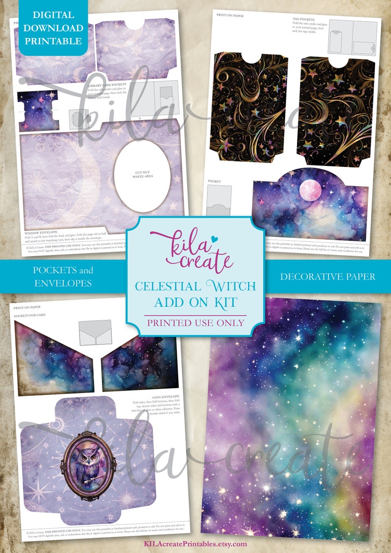 May include: Printable celestial witch add-on kit with decorative paper, pockets, and envelopes. The kit features a watercolor design with a moon, stars, and a galaxy background. The text "Celestial Witch Add On Kit" is printed in a white font on a purple background.