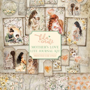 Peut inclure: Un kit imprimable &agrave; t&eacute;l&eacute;charger num&eacute;riquement avec une esth&eacute;tique vintage. Le kit comprend des pages de journal, des &eacute;tiquettes et des &eacute;l&eacute;ments d&eacute;coratifs avec des illustrations de m&egrave;res et d'enfants, des motifs floraux et le texte "Mother's Love".