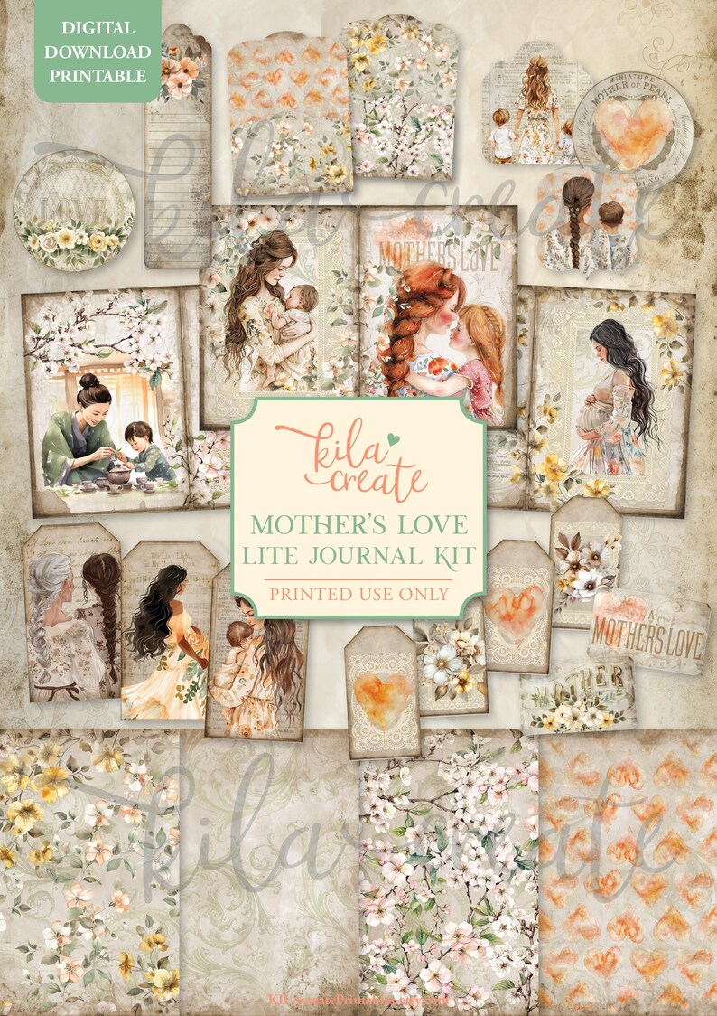 Peut inclure: Un kit imprimable &agrave; t&eacute;l&eacute;charger num&eacute;riquement avec une esth&eacute;tique vintage. Le kit comprend des pages de journal, des &eacute;tiquettes et des &eacute;l&eacute;ments d&eacute;coratifs avec des illustrations de m&egrave;res et d'enfants, des motifs floraux et le texte "Mother's Love".