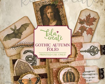 May include: A printable set of digital collage sheets with a gothic autumn theme. The sheets feature images of a bat, a snake, a butterfly, a pumpkin, a key, and a skeleton hand. The text "Gothic Autumn Folio" is printed on the sheets.