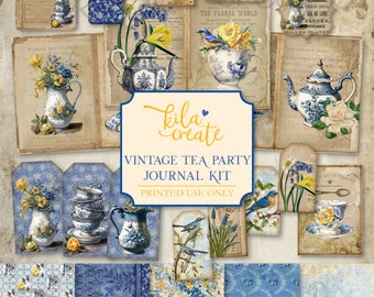 May include: Vintage tea party journal kit with blue and white teacups, teapots, and floral designs. The kit includes 16 printable images, perfect for scrapbooking, card making, and other paper crafts.