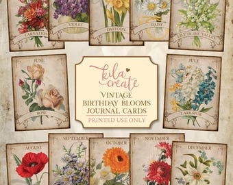 Vintage Birthday Blooms Journal Cards, Flowers of the Month, Antique Floral Ephemera, Sepia, Printable Junk Journal Ephemera, KILA Create