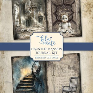 May include: Digital download printable journal kit with a haunted mansion theme. The kit includes watercolor illustrations of a chandelier, a doll, a spiral staircase, and a rocking chair. The text includes "Lights and Shadows" and "Haunted Mansion Journal Kit".