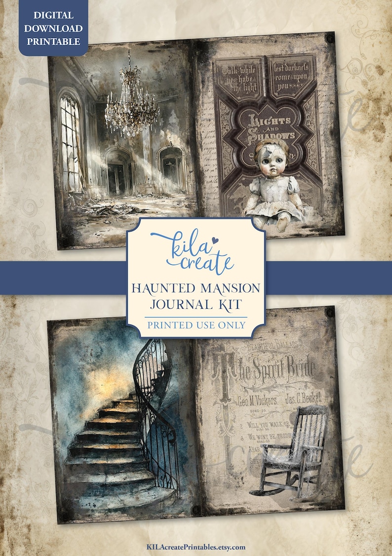 May include: Digital download printable journal kit with a haunted mansion theme. The kit includes watercolor illustrations of a chandelier, a doll, a spiral staircase, and a rocking chair. The text includes "Lights and Shadows" and "Haunted Mansion Journal Kit".