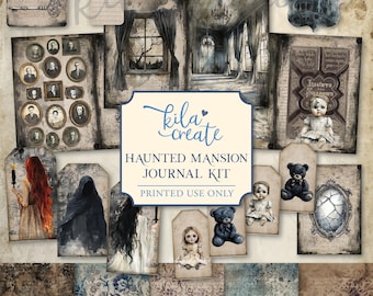 May include: A digital printable journal kit with a haunted mansion theme. The kit includes various ephemera like vintage portraits, a black cat, a doll, a teddy bear, and patterned papers. The color palette is muted with shades of brown, gray, and blue.