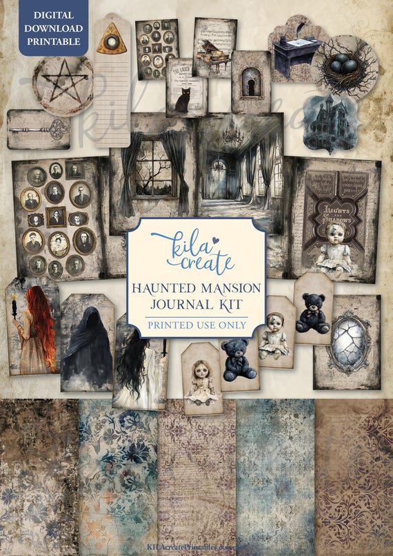 Haunted Mansion Journal Kit, Gothic Journal Kit, Ghosts, Darkness, Ravens, Halloween, Digital Download, Printable Journal Kit, KILA Create