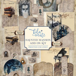 May include: A digital download printable kit with a haunted mansion theme. The kit includes vintage-style postcards, portraits, and ephemera with illustrations of a haunted house, a piano, and a doll. The color palette is muted with sepia tones.