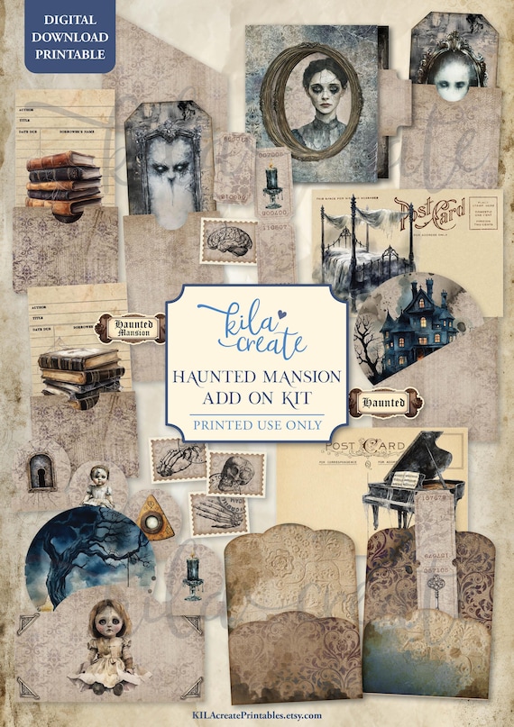 Haunted Mansion Add On Journal Kit, Gothic Journal Kit, Ghosts, Ravens, Dark Halloween, Digital Download, Printable Journal Kit, KILA Create