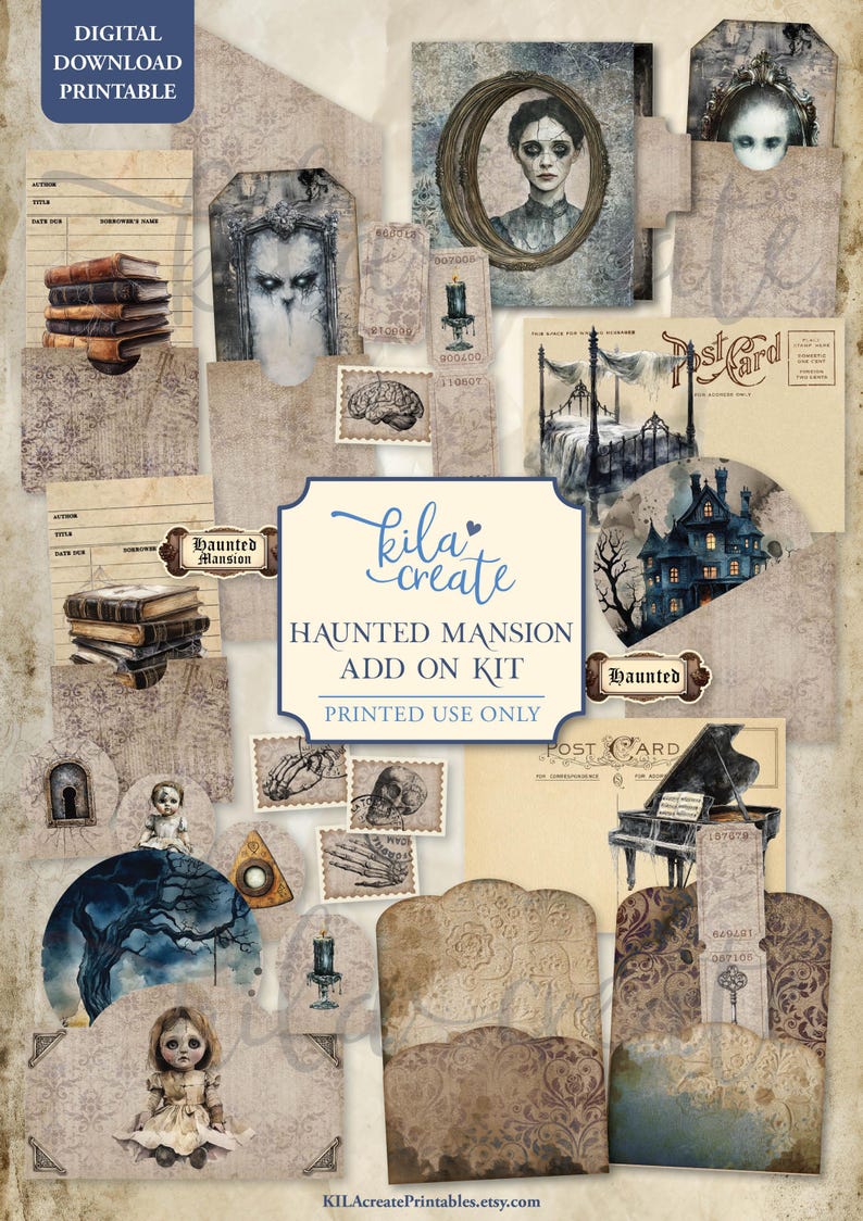 May include: A digital download printable kit with a haunted mansion theme. The kit includes vintage-style postcards, portraits, and ephemera with illustrations of a haunted house, a piano, and a doll. The color palette is muted with sepia tones.