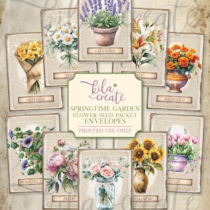 Springtime Garden Flower Seed Packet Envelopes, Spring, Flowers, Garden, Four Seasons, Digital Download, Printable Journal Kit, KILA Create