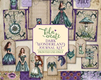 Dark Wonderland Journal Kit, Gothic Alice in Wonderland Journal, Alice, Hatter, Rabbit, Digital Download, Printable Journal Kit, KILA Create