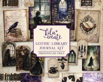 May include: A digital printable journal kit with a gothic library theme. The kit includes images of books, candles, a raven, a key, a teacup, a vase with flowers, a window, and a woman reading. The text "Gothic Library Journal Kit" and "Printed Use Only" is included in the image.
