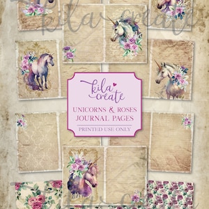 Unicorns and Roses Junk Journal Pages and Papers, Unicorn Journal, Digital Download, Printable Journal Kit, KILA Create