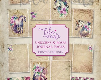 Unicorns and Roses Junk Journal Pages and Papers, Unicorn Journal, Digital Download, Printable Journal Kit, KILA Create