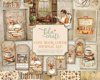 Könnte beinhalten: Ein digitaler druckbarer Journal-Kit mit dem Thema gemütlicher Bücherliebhaber. Das Kit enthält Bilder von Büchern, einer Katze, einer Lampe, einer Laterne, einer Tasse Tee und einer Frau, die ein Buch liest. Das Kit enthält auch mehrere gemusterte Papiere.
