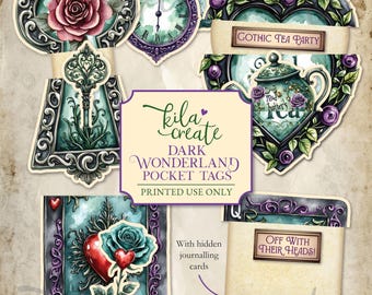 Dark Wonderland Pocket Tags, Gothic Alice in Wonderland Journal, Alice, Hatter, Rabbit, Digital Download, Printable Journal Kit, KILA Create