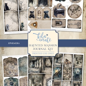 May include: Digital printable ephemera kit featuring a haunted mansion theme. Includes tags, journal pages, and illustrations of a mansion, black cat, and other gothic elements. The kit is designed for printed use.
